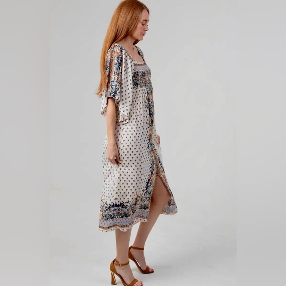 Angie Boho Floral Smocked bust kimono sleeves midi dress center slit - Picture 3 of 5